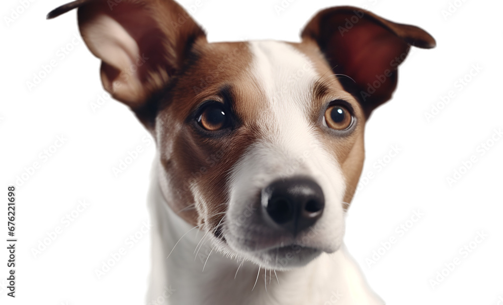 Close up of an adorable brown and white jack russell terrier's face, isolated on transparent background. 