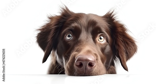  Front view, close up of a cute brown flat coated retriever dog rests its head on a pillow, looking at the camera, isolated on white background. 