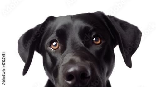 Front view, close up of a black labrador retriever looking at the camera, isolated on transparent background.