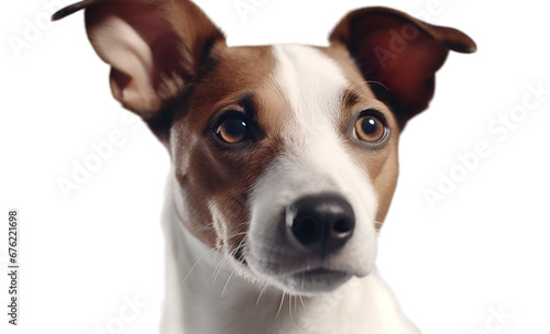 Close up of an adorable brown and white jack russell terrier's face, isolated on transparent background.  © Naige