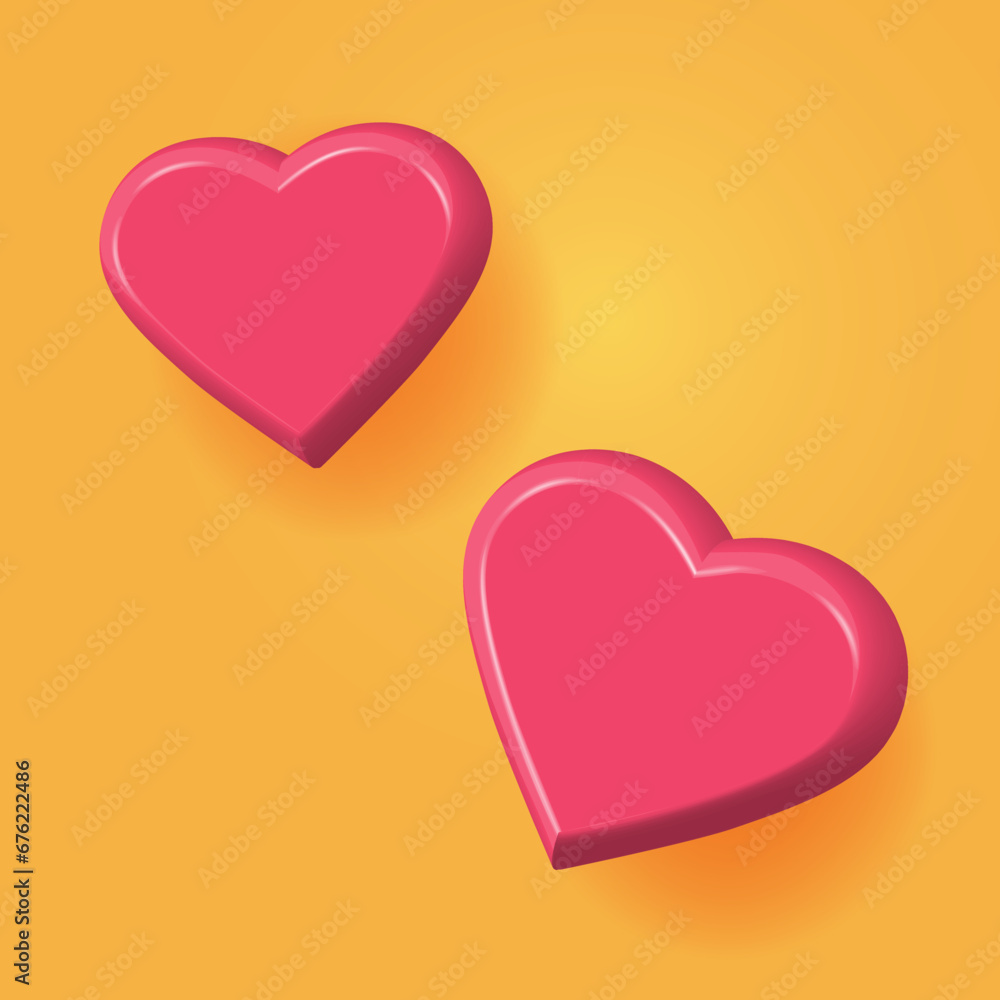 Heart 3d love red icon flying vector graphic illustration on yellow background as decoration cute element image clipart, happy realistic fun comic valentine day backdrop with shadow