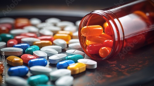 Pills, capsules, tablets, and a bottle arranged neatly