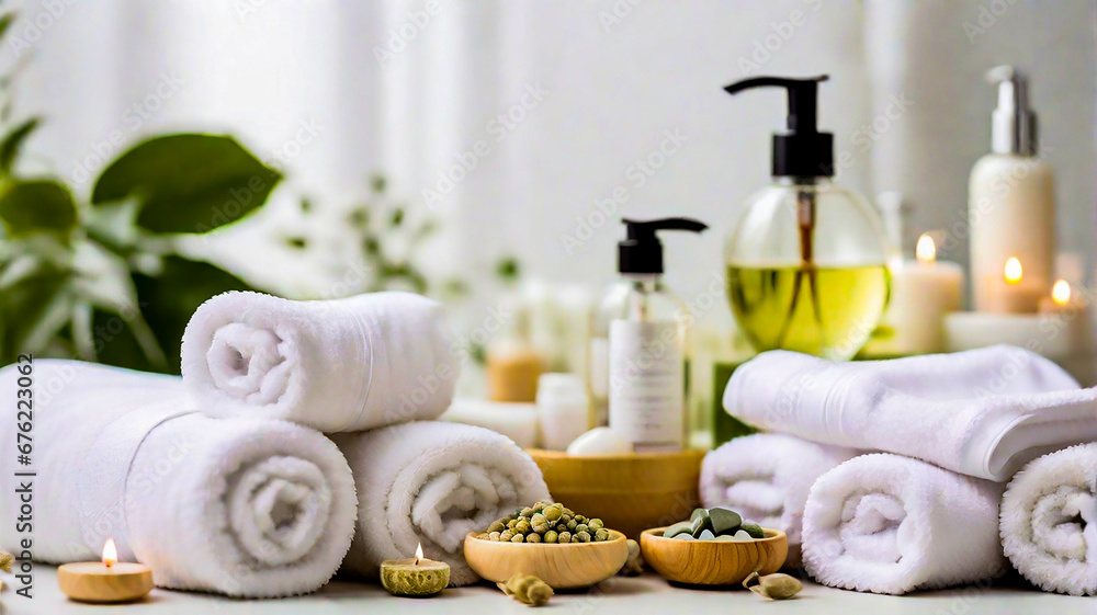 Selective focus a Towels with herbal bags and beauty treatment items setting in spa center in white room, copy space Selective focus a Towels with herbal bags and beauty treatment items setting in spa center in white room, copy space