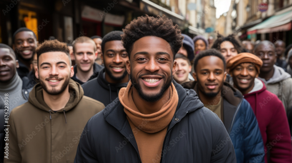 Diverse group of men smiling in the city Diverse group of men smiling in the city