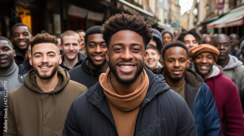 Diverse group of men smiling in the city