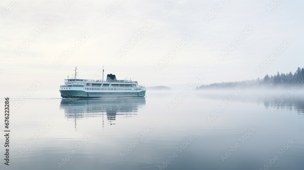 The sleek lines of a ferry, perfectly mirrored in the calm waters of a serene, mist-covered bay