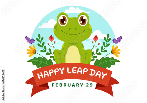 Happy Leap Day Vector Illustration on 29 February with Jumping Frogs and Pond Background in Holiday Celebration Flat Cartoon Design