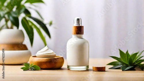 product display, natural cosmetic white small bottle, Product presentation. wooden table, plant with pot, Beauty and body care product with copy space
