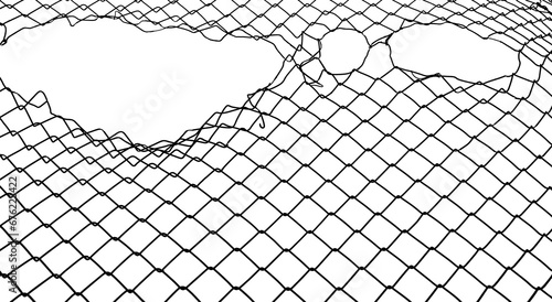Opening in metallic net fence. isolated on white background. Challenge. uncertainty. breakthrough concept. freedom concept. Chainlink  wire netting  wire-mesh. illustration.
