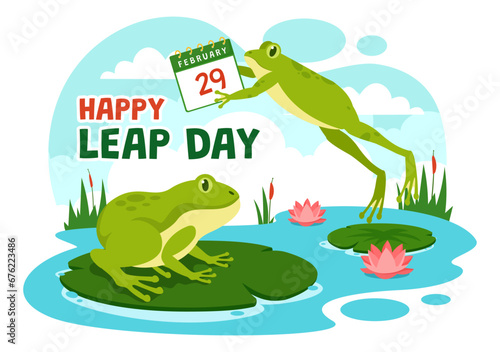 Happy Leap Day Vector Illustration on 29 February with Jumping Frogs and Pond Background in Holiday Celebration Flat Cartoon Design