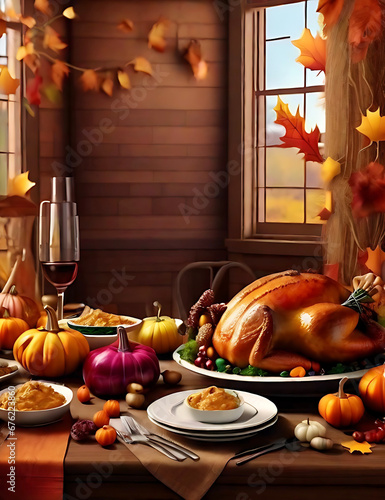 Thanksgiving concept photo that is realistic and has an artificial intelligence-generated background. (ID: 676223860)