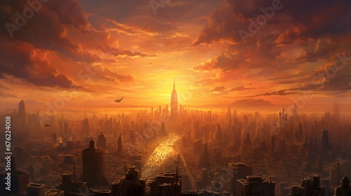 The sun sets behind a bustling metropolis, painting the sky in warm, radiant hues, while skyscrapers stand watchful, their forms bathed in a golden embrace