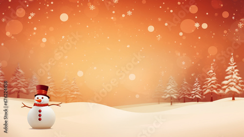Snowman background with snow and Christmas tree in warm colors. Lettering space. © Story