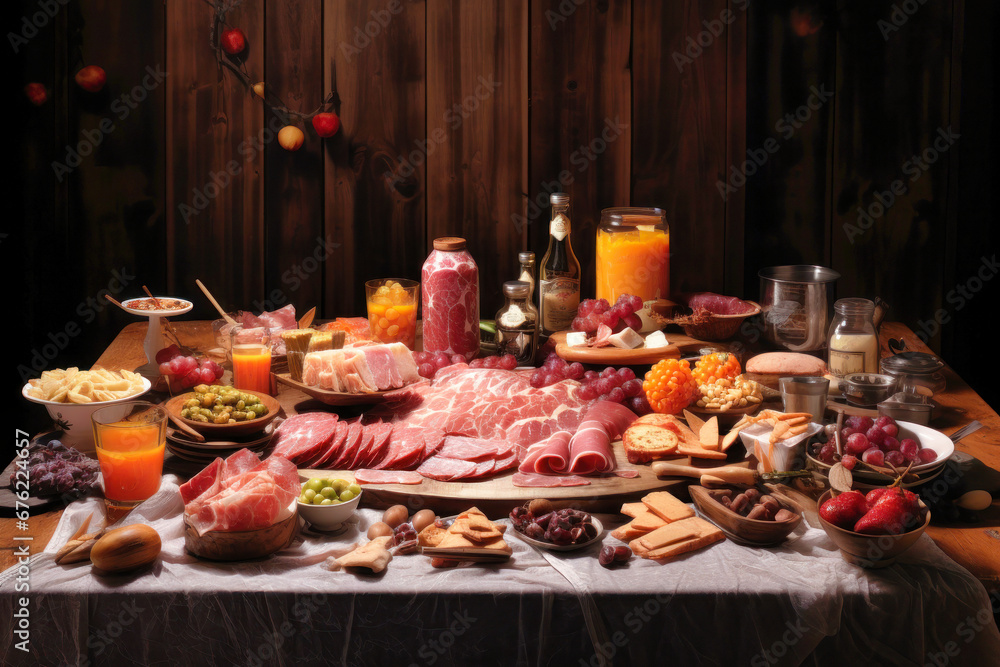 Set of sausages, salami, ham and smoked meats with rosemary cheese and spices on a dark background. Delicacy meat products.