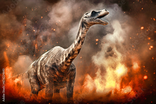 Diplodocus dinosaur against a background of fire and explosions. Dinosaur. Jurassic period. A huge monster. Global catastrophe. Death of the dinosaurs. © Anoo