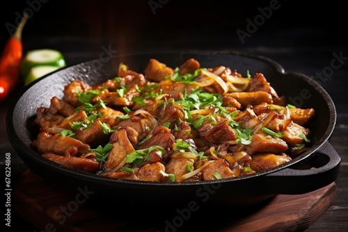 Photo of a delicious and colorful meal with meat and vegetables on a table. Cast iron frying pan with aromatic fried meat. Country homemade food. Meat delicacy.