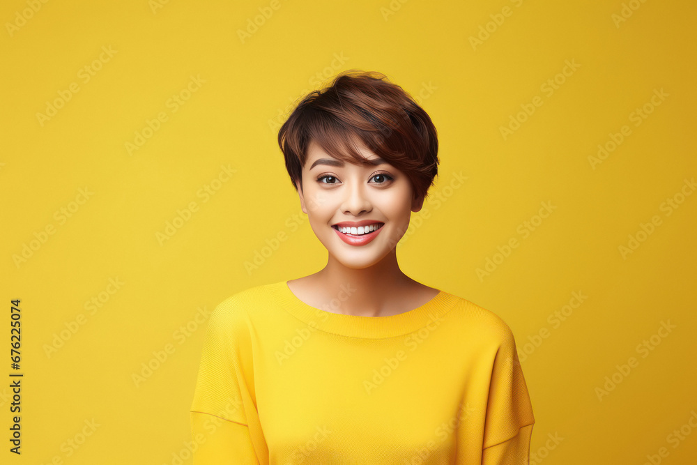 young woman standing on yellow background young woman standing on yellow background