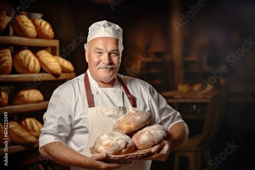 An elderly male baker holds freshly baked bread in his hands. Baker in a private bakery. Bread production at home or in a small enterprise. Small business. Demonstration of fresh bread.