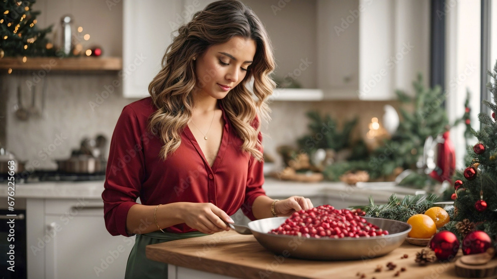 Young woman with long wavy hair in a red blouse. Bright modern kitchen, New Year decorations, Christmas tree, garland. Preparing a holiday dish. Plate with cranberries, lingonberries.