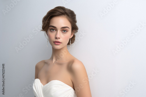 Beautiful woman wearing white dress and earring