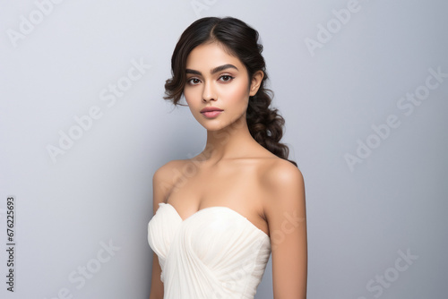 Beautiful woman wearing white dress and earring