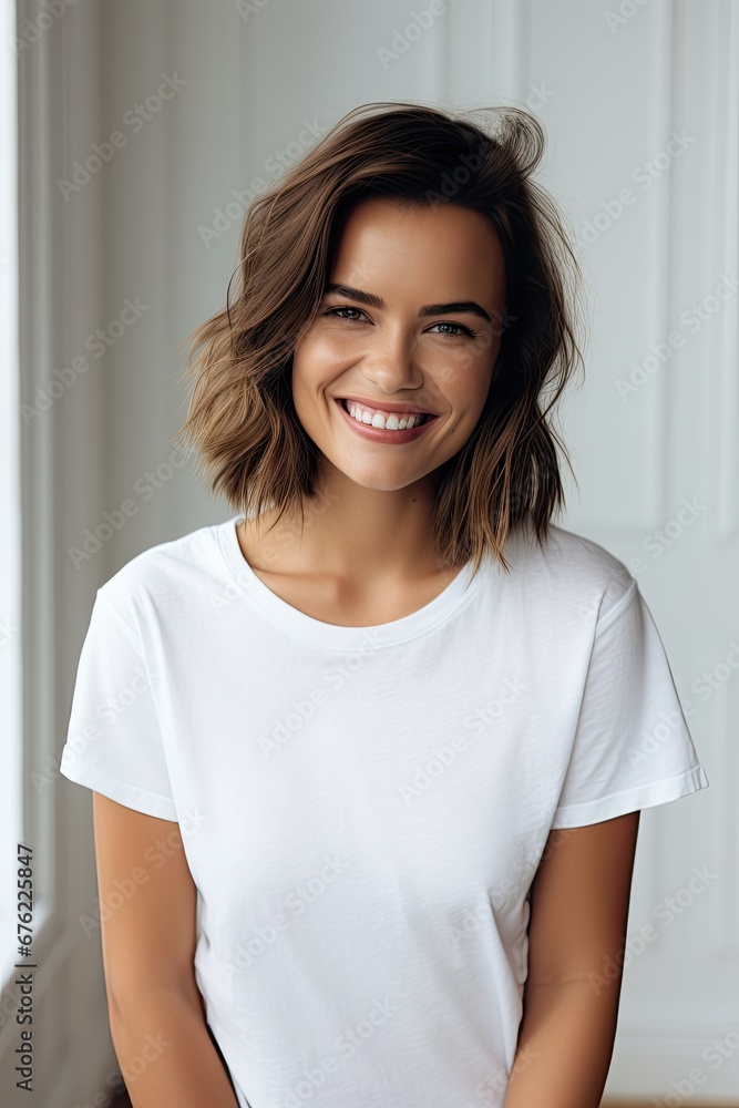 portrait of a smiling woman wearing a blank white t-shirt - studio closeup mockup template portrait of a smiling woman wearing a blank white t-shirt - studio closeup mockup template