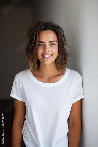 portrait of a smiling woman wearing a blank white t-shirt - studio closeup mockup template © Salander Studio