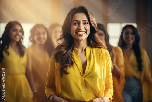 Young businesswomen group standing together at office