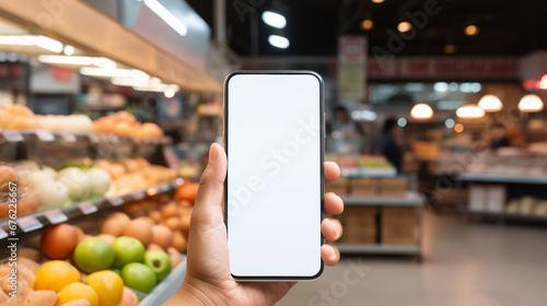 Hand holding a mock-up smartphone with a blank screen in a well-lit and organized supermarket.