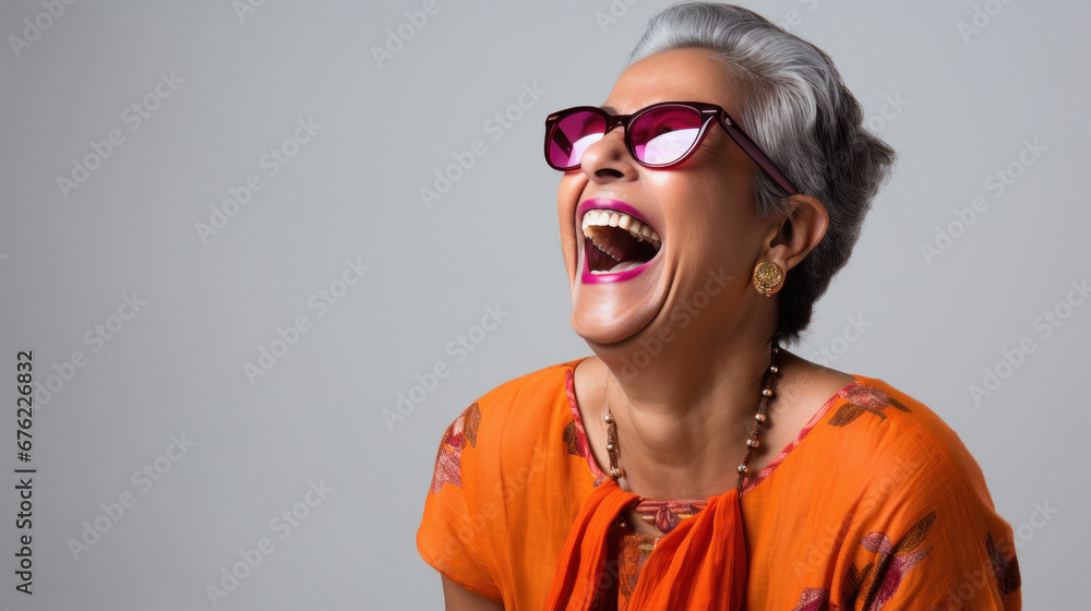 Senior woman loud laughing on gray background. Senior woman loud laughing on gray background.
