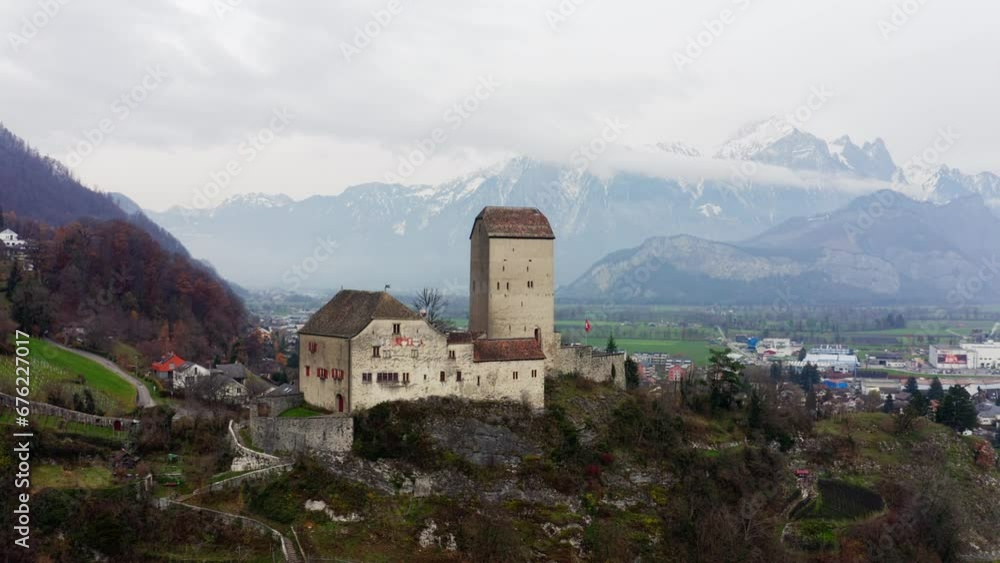 Drone Shot of Sargans Castle and Municipality, St. Gallen, Switzerland on Cloudy Autumn Day Drone Shot of Sargans Castle and Municipality, St. Gallen, Switzerland on Cloudy Autumn Day