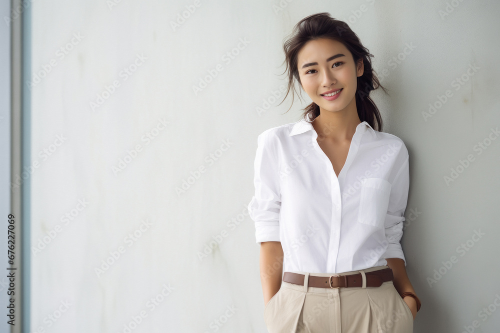 Young japanese woman in white shirt and pant. - obrazy, fototapety, plakaty 