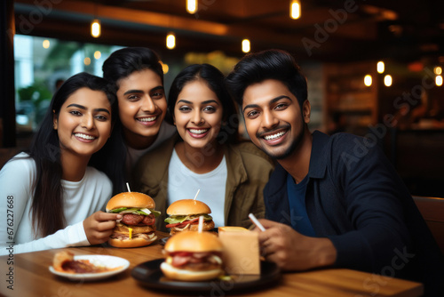 Indian college students group eating burger photo