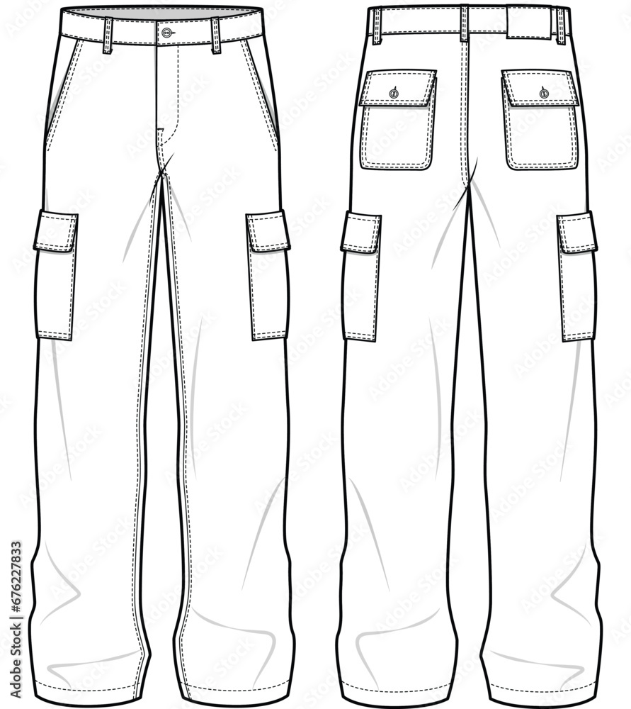 mens wide leg baggy cargo pant flat sketch vector illustration front and back view technical cad drawing template - obrazy, fototapety, plakaty 