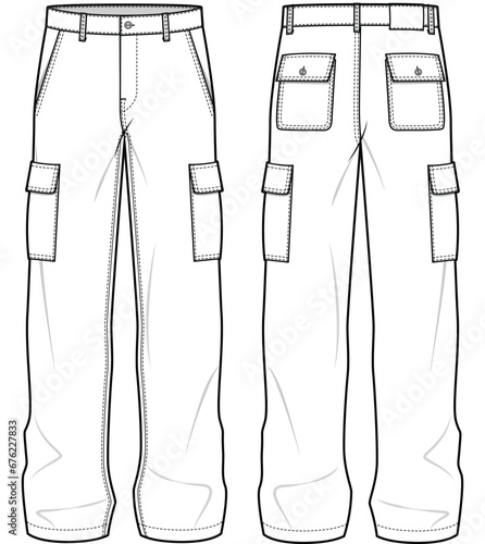 mens wide leg baggy cargo pant flat sketch vector illustration front and back view technical cad drawing template photo