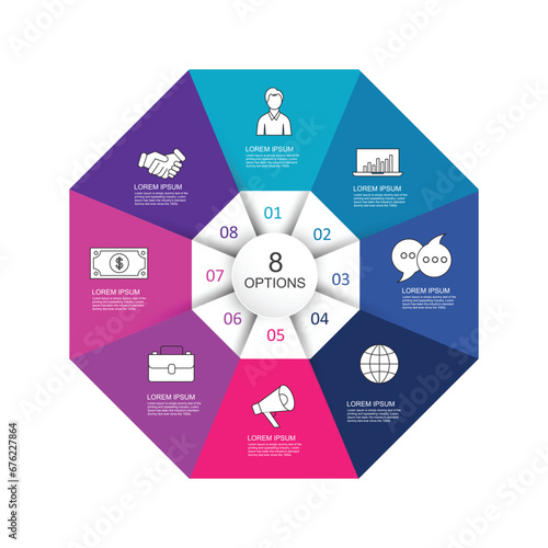 Modern hexagon infographic template 8 options for workflow layout, diagram, number options, step up options