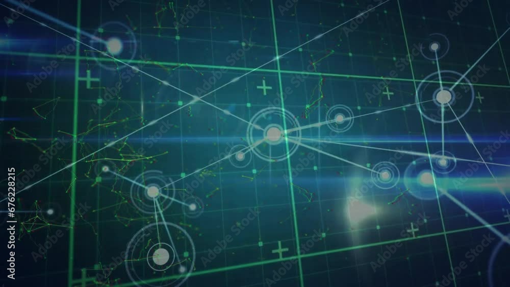 Animation of data processing over network of connections and dark background Animation of data processing over network of connections and dark background