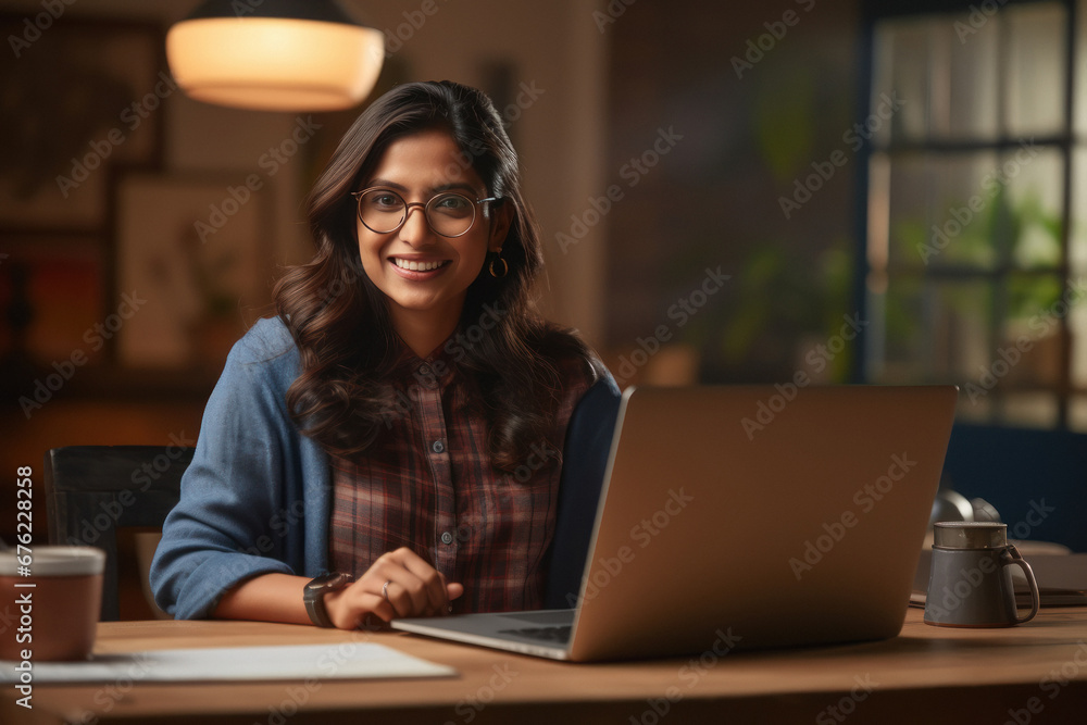 Indian girl using laptop for attending online classes - obrazy, fototapety, plakaty 
