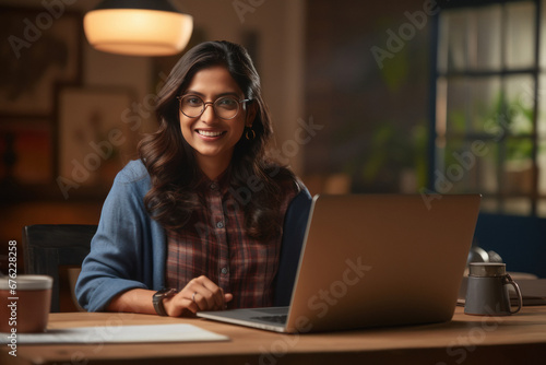 Indian girl using laptop for attending online classes photo