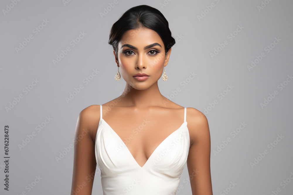 Beautiful woman wearing white dress and earring. Beautiful woman wearing white dress and earring.