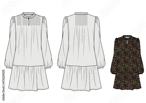 WOMEN'S DRESS, Fashion Flat Sketch Vector Illustration, CAD, Technical Drawing, Flat Drawing, Template, Mockup.