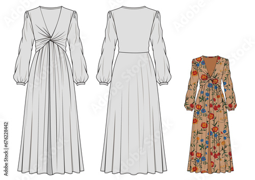 WOMEN'S DRESS, Fashion Flat Sketch Vector Illustration, CAD, Technical Drawing, Flat Drawing, Template, Mockup.