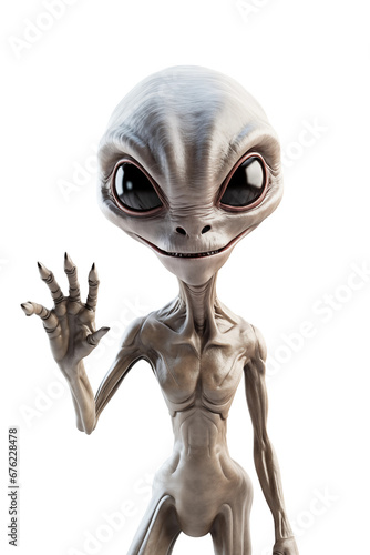 Alien smiling and waving greeting on white background