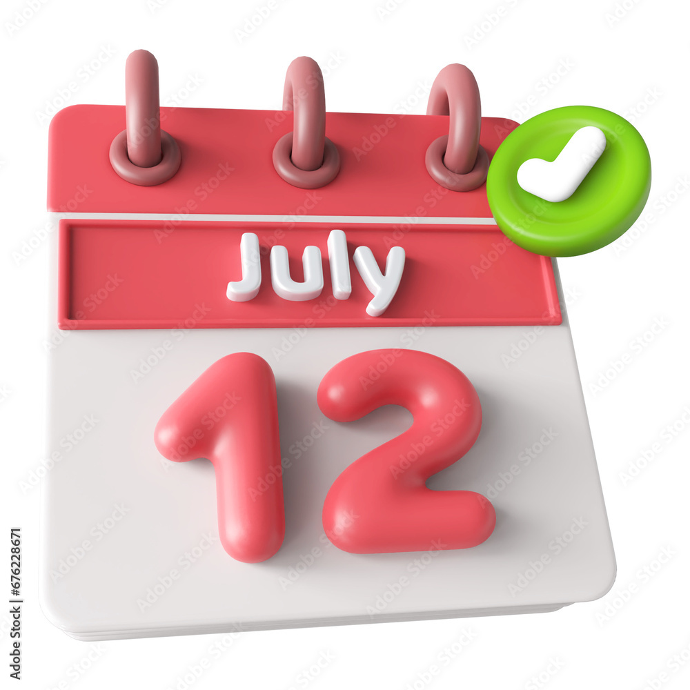 July 12th Calendar 3D Render With Check Mark Icon July 12th Calendar 3D Render With Check Mark Icon