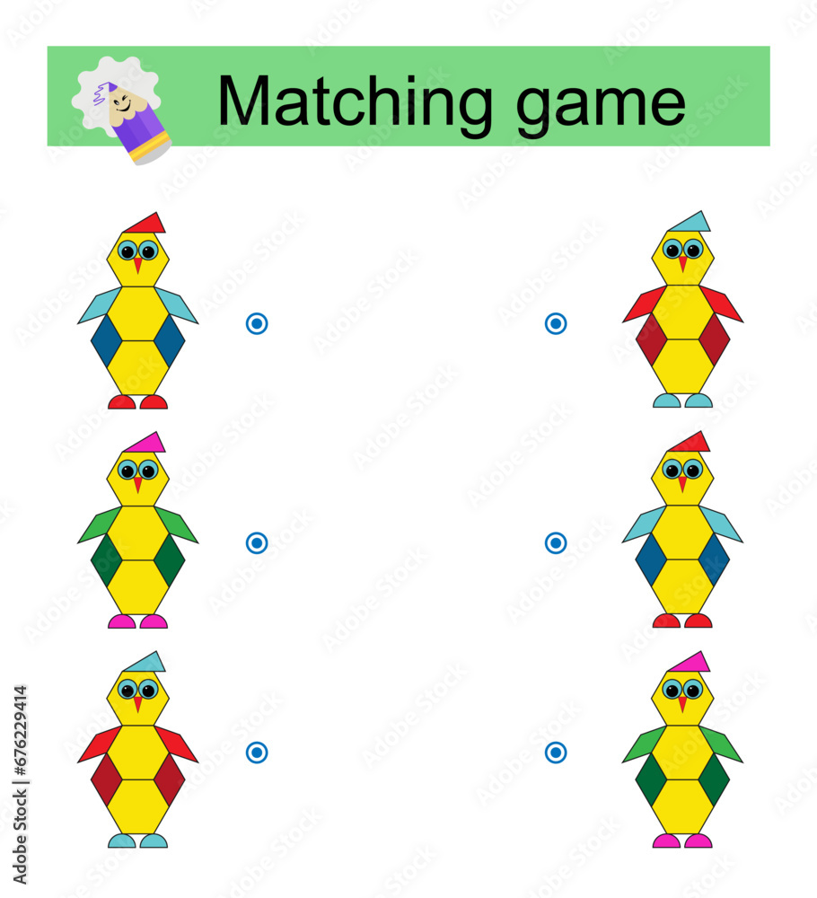 Fototapeta premium Matching game for kids. Find the correct color of a penguin and match