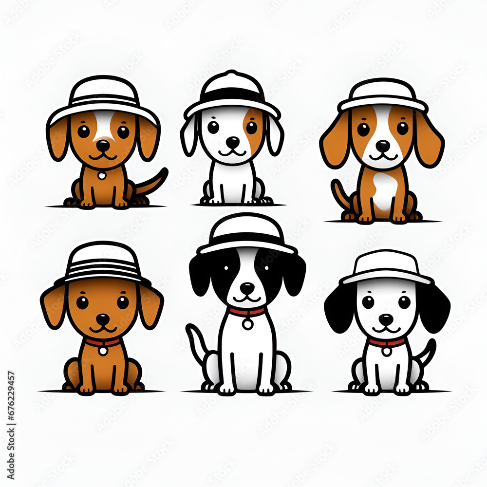 dogs wearing hats, cute stick figures, rounded thick black outlines, minimal, white background

