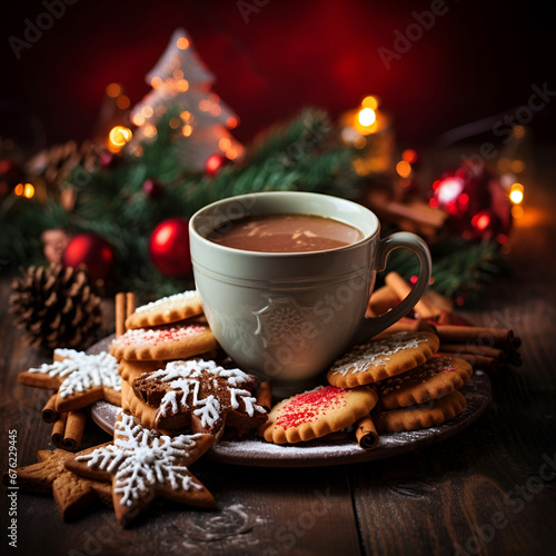 Cup of  hot chocolate drink with homemade traditional cookies photo