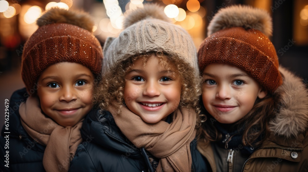 Diverse friends in red winter hat and scarf on Christmas market Diverse friends in red winter hat and scarf on Christmas market