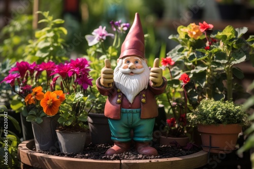 A garden gnome in a flower box giving a thumbs up passionate gardener