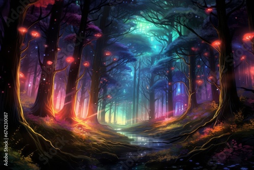 Colorful Forest shining in bright and vivid pastel colors Digital Neon Light Art